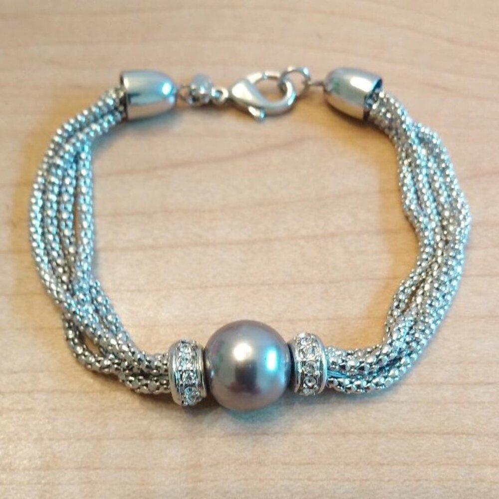 Premier Designs Silver Tone Bracelet with Faux Grey Pearl and Rhinestones